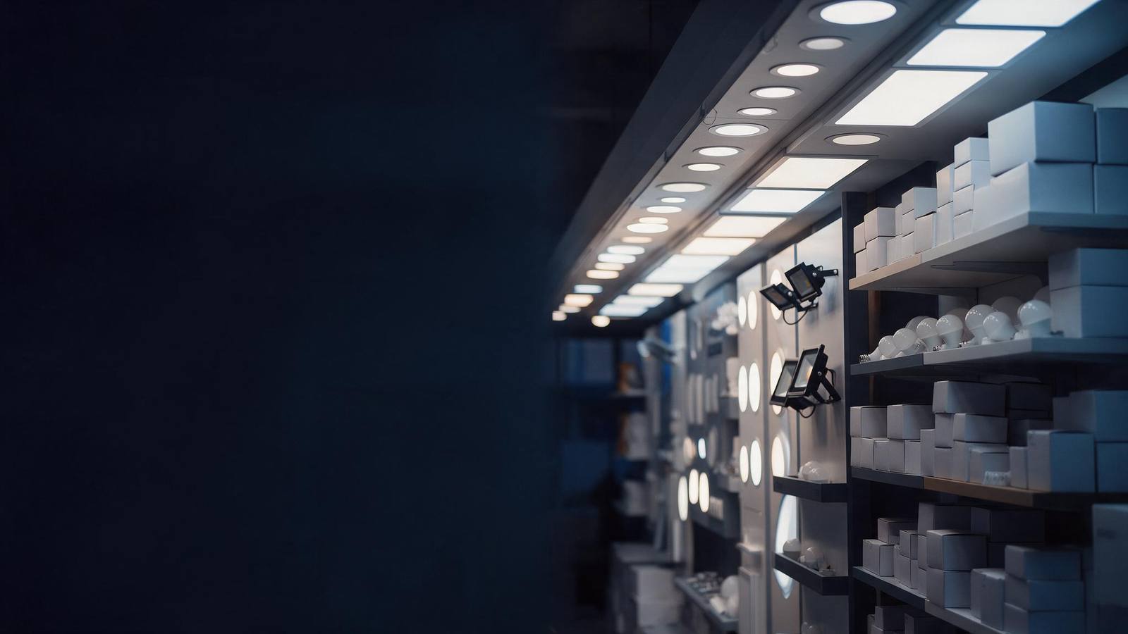 LED panel lights, downlights and boxed lighting products in a showroom