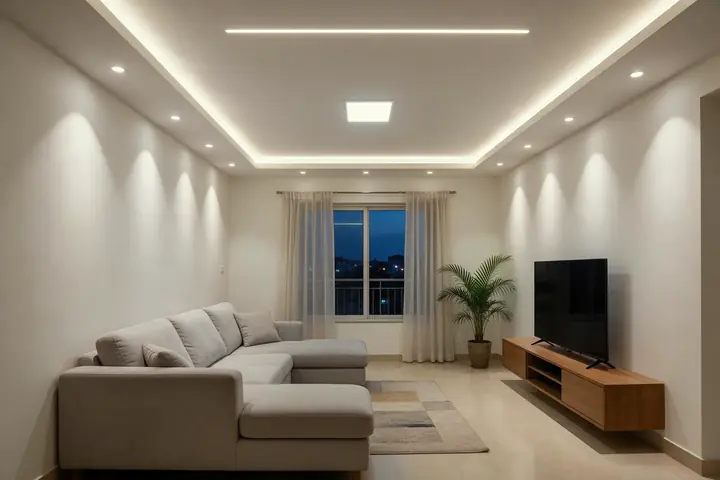 Living room in a Hyderabad apartment at night with false-ceiling COB downlights, glowing LED cove strip, a linear profile light and a centre panel light