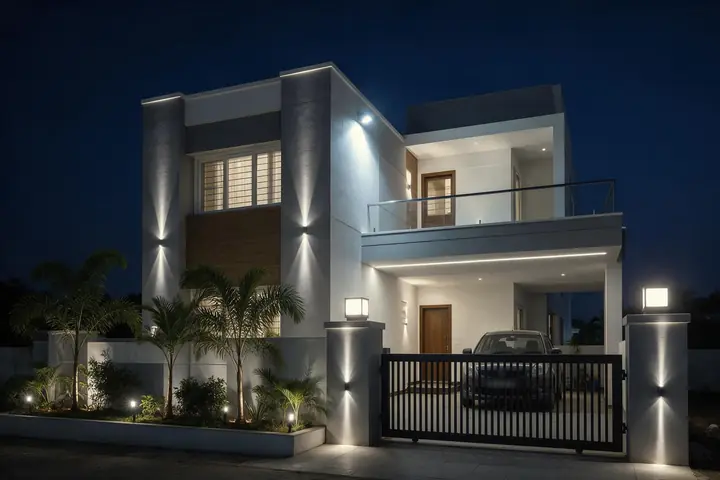 Front elevation of a Hyderabad house at night with gate pillar lights, up-down wall lights, garden spike lights and a flood light